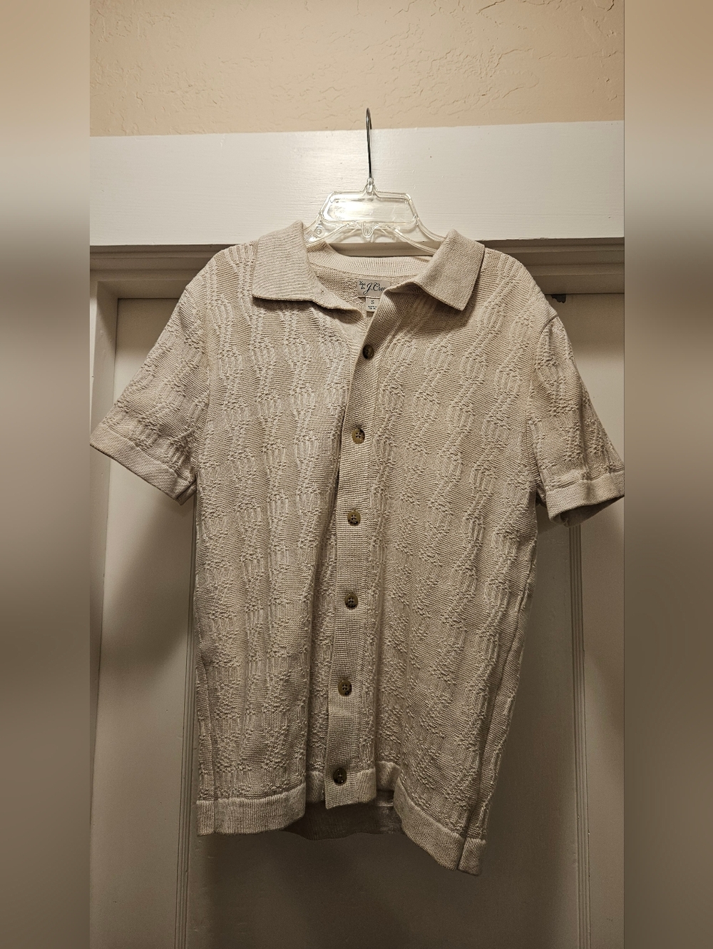 J. Crew Short-sleeve cotton polo cardigan sweater in geometric cable-knit